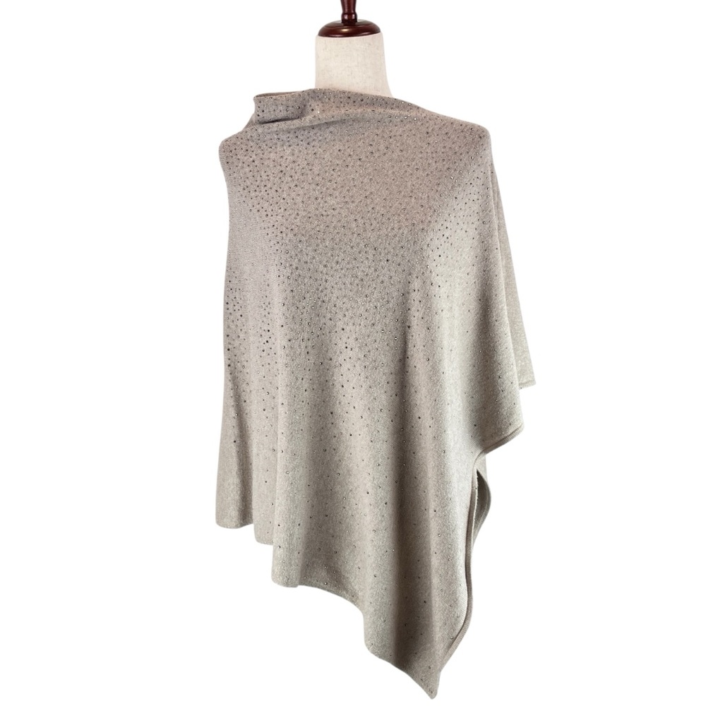 NEW Ming Wang Poncho Sweater Taupe Rhinestone Ombré Embellishment O/S NWT - Picture 1 of 15